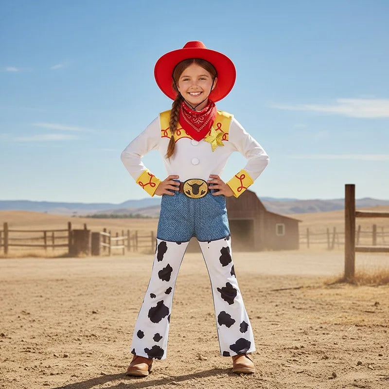 2026 Girls Jessie Cowgirl Costume Long Sleeve shirt Cow Print Flared Pants Kids Cosplay Outfit Halloween Carnival Casual Wear