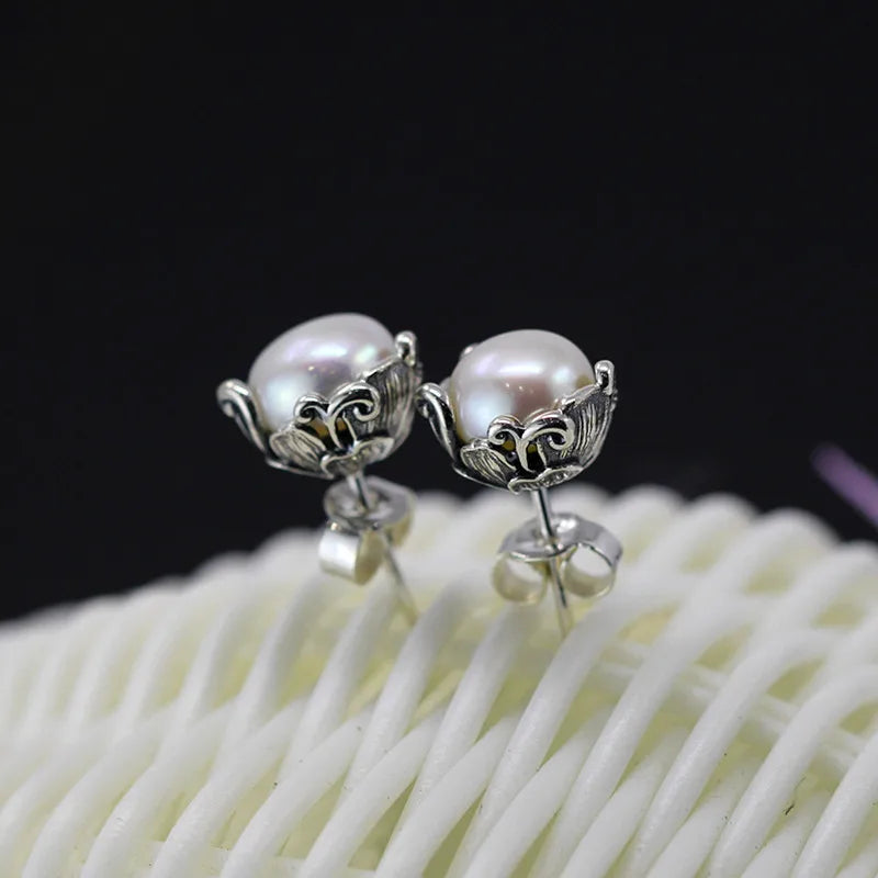 Uglyless Retro Enamel Flower Stud Earrings for Women Natural 10MM Pearl MINI Studs Solid 925 Silver Floral Brincos Jewelry E1434