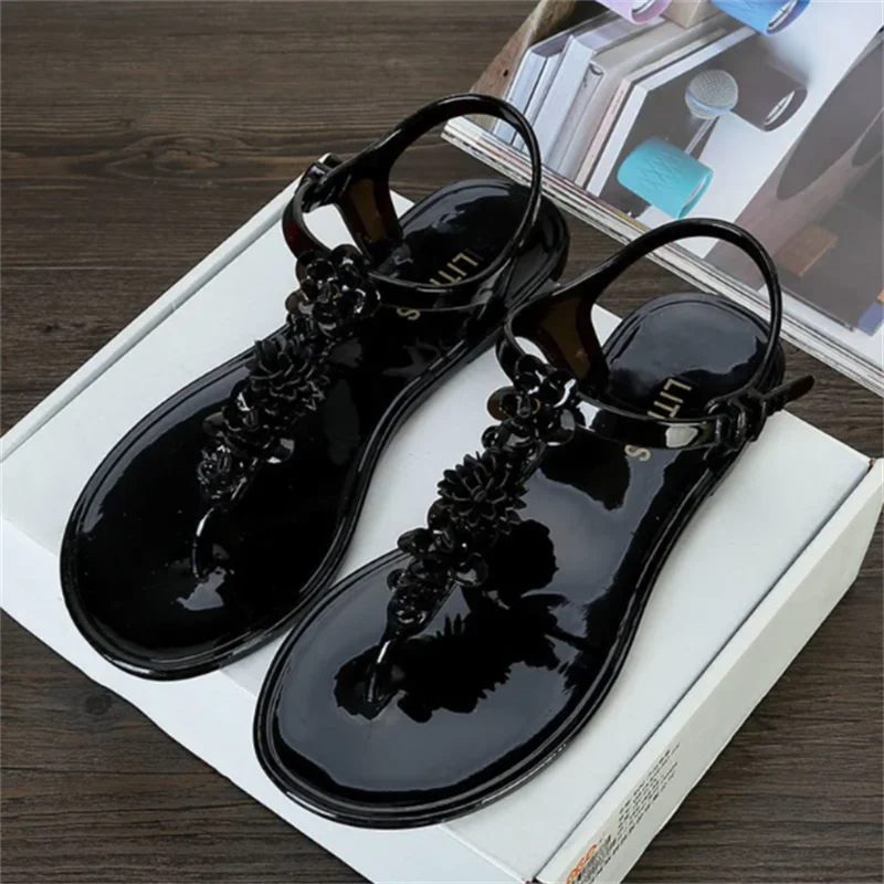 Sandals Women's Anti-slip Jelly Soft Sole Outer Wear Beach Waterproof Women Sandals Flat Bottom Hollow Flower Slippers