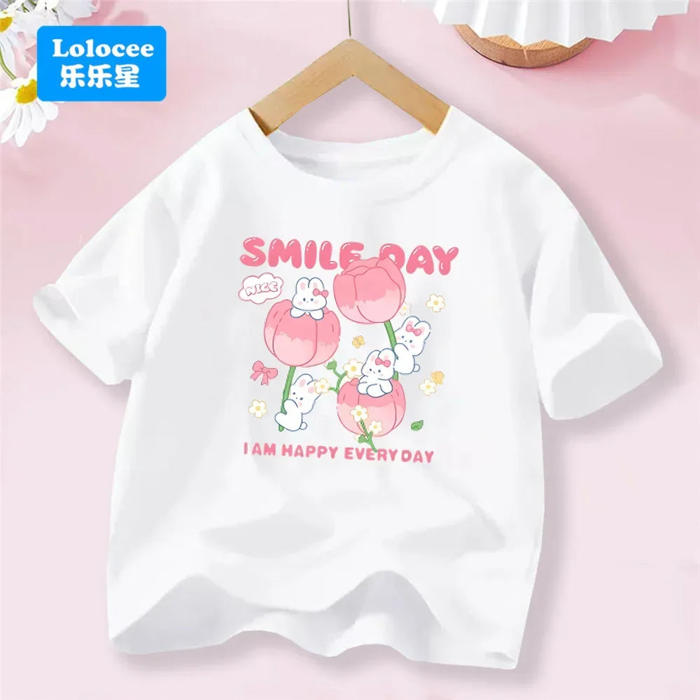 3-14T Kid Clothes Summer Cotton T Shirt Short Sleeve Top Beauty Tulip Flower and Rabbit Print Tee Childrens Candy Color Tshirt
