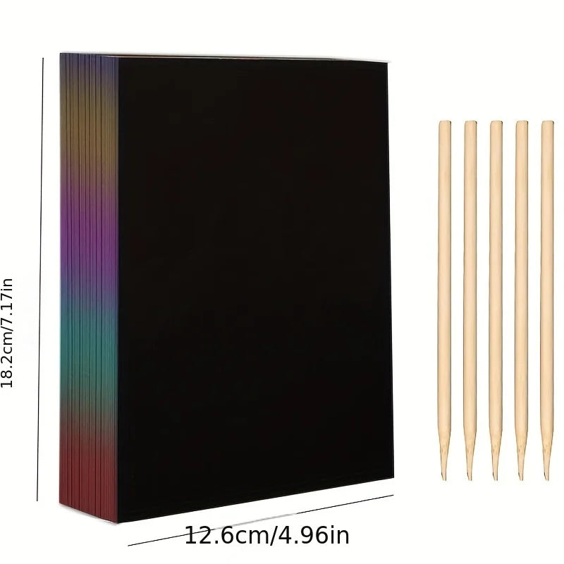 50 pcs Scratch Paper Kids Rainbow Magic Scratch Off Paper Sheets Art Craft Kit Black Note Paper Drawing Pads with Stencils