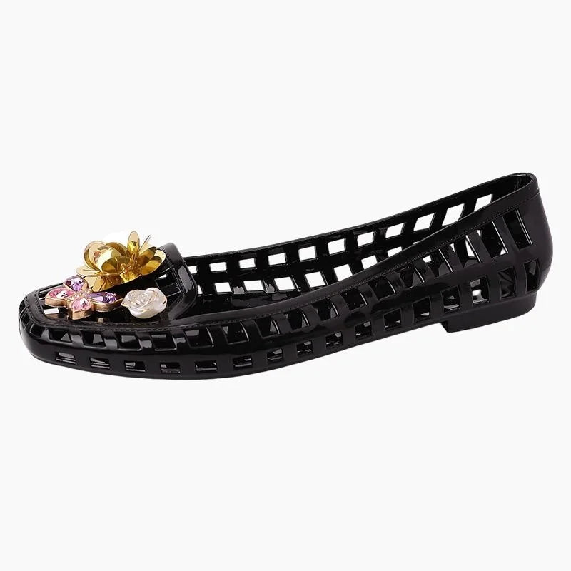 Korean Style High Grade Crystal Jelly Shoes Square Toe Hollow Out Flat Pearl Flower Decoration Summer Casual Shoes For Women