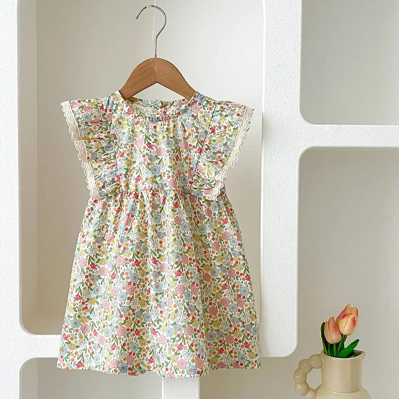 Girls Dress 2026 Spring and Summer New Childrens Clothes Girls Baby Fashionable Floral Flying Sleeve Princess Dress Simple