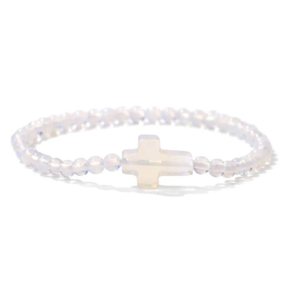 Trendy 4mm Beads Bracelet Stone Cross Charms Bracelet For Women Natural Gems Crystal Bangles Handmade Jewelry Men Yoga Prayer
