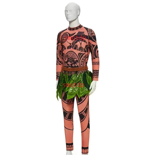 Hot selling Moana Maui tattoo cosplay costume Maui tattoo top pants leggings set Halloween carnival costume adult boy and girl c