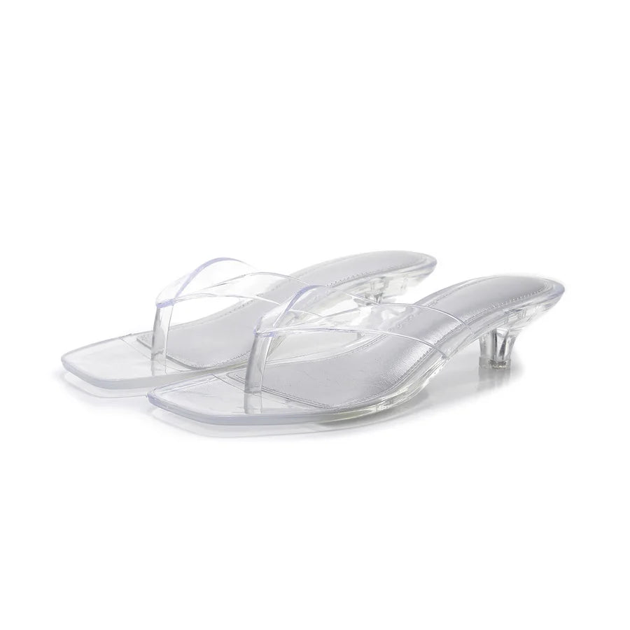 Glam Sheer Heeled Jelly Thong Sandals Women's Transparent Strap Square Toe Kitten Heels Woman Trendy Flip Flops Night Out Shoes