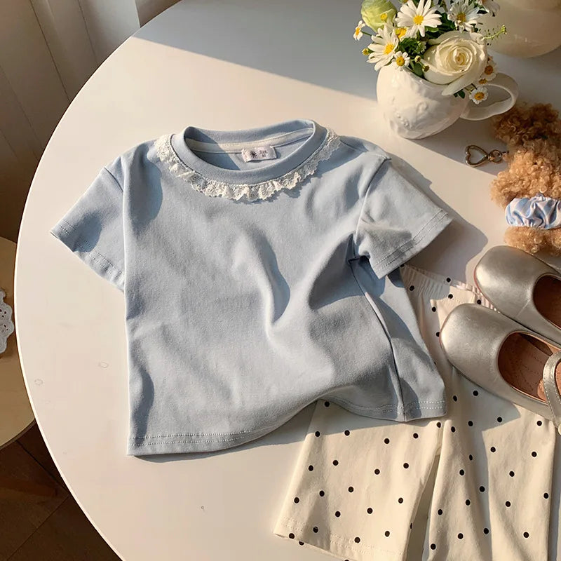 2-10T Cotton Summer Girls Top Infant T Shirt Toddler Kid Baby Clothes Short Sleeve Lace Tshirt Childrens Tee Outfit