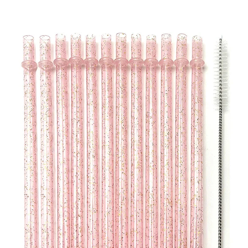 Reusable Clear Plastic Glitter Straws Extra Long Tumbler Straws for Cups with Cleaning Brush Drinking Straws for Tumbler Party