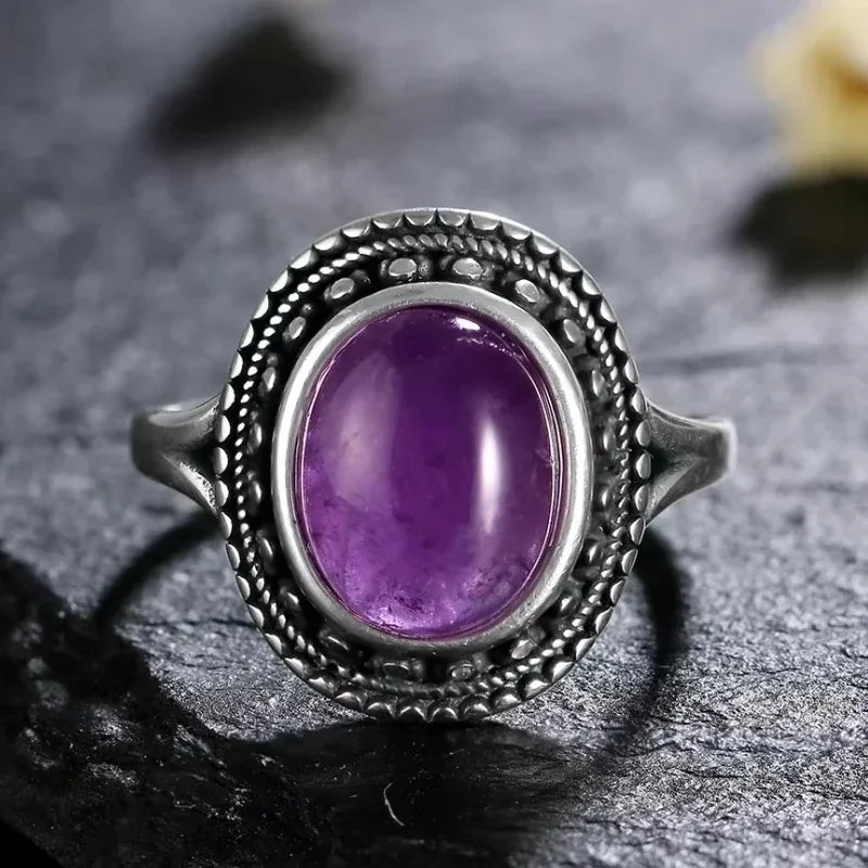 S925 Sterling Silver Vintage Ring With Natural Amethyst Two Stone Ring Waterdrop Shape Fine Jewelry Gifts for Women