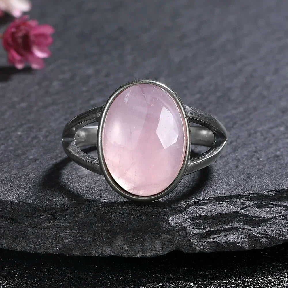 S925 Sterling SilverRing for Women Oval Round Natural Rose Quartz Ring Gift Sun Shaped Retro Luxury Fashion Fine Jewelry