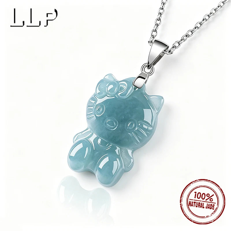 Natural Blue Water Jade Kitty Cat Pendant S925 Silver Clasp Hand Carved Cute Girl Accessory Birthday Gift