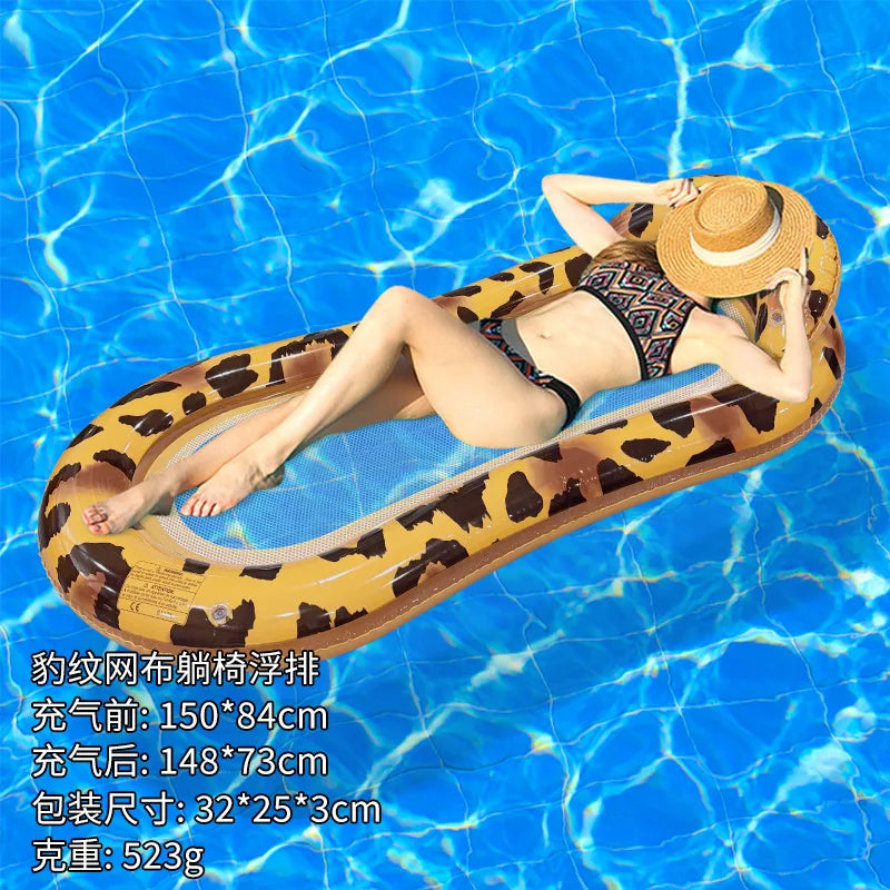 2026 Leopard Print Mesh Lounge Chair Inflatable Floating Bed Single Foldable Float Summer Pool Water Entertainment Thickened