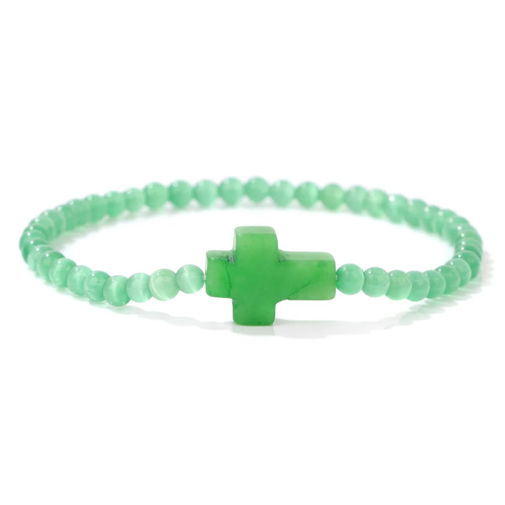 Trendy 4mm Beads Bracelet Stone Cross Charms Bracelet For Women Natural Gems Crystal Bangles Handmade Jewelry Men Yoga Prayer