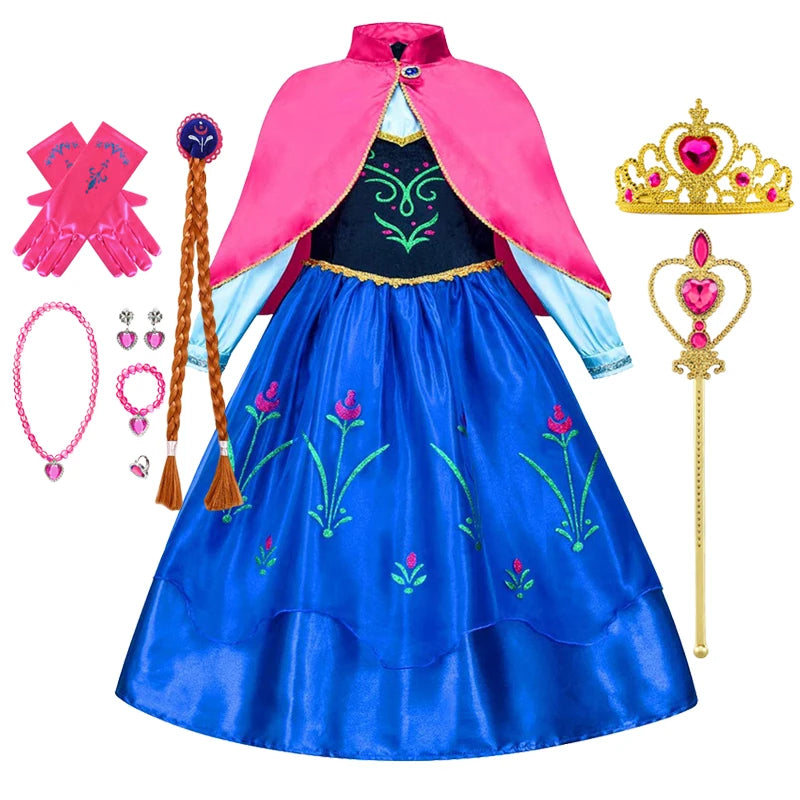 Girl Princess Dress Halloween Cosplay 2026 Party Anna Costume Snow Queen Princess Clothes Children Outfit 2-10 Y