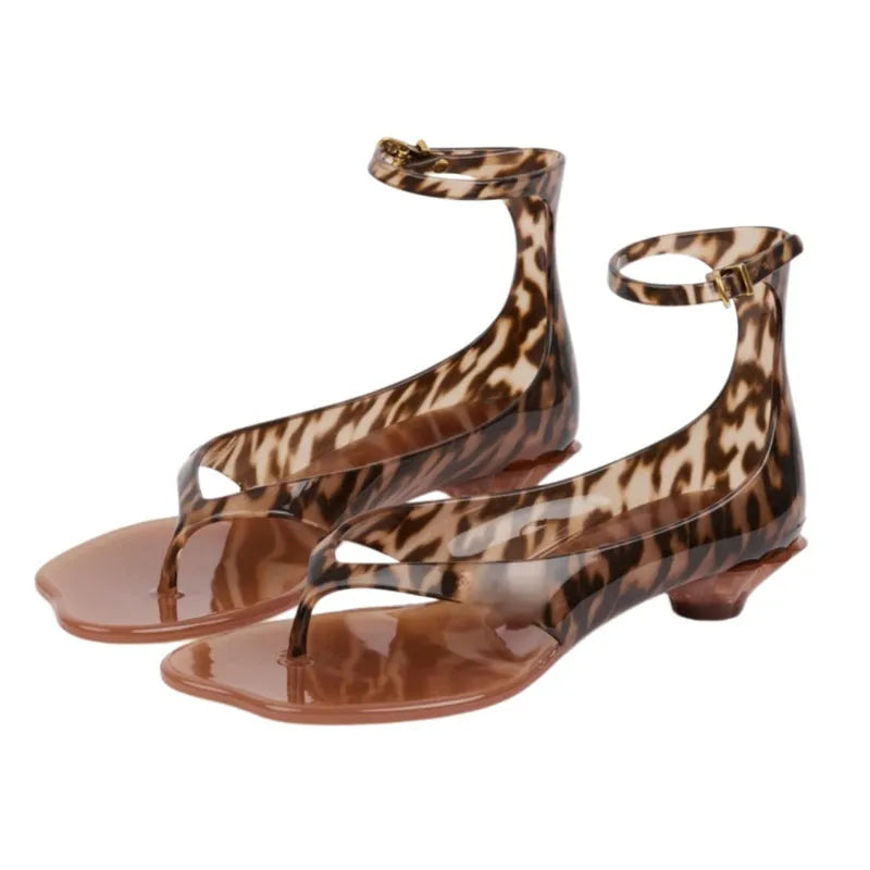 Purple Clear PVC Jelly Thong Sandals Women Ankle Buckle Strap Floral Low Kitten Heels Summer Beach Club Party Flip Flop Shoes
