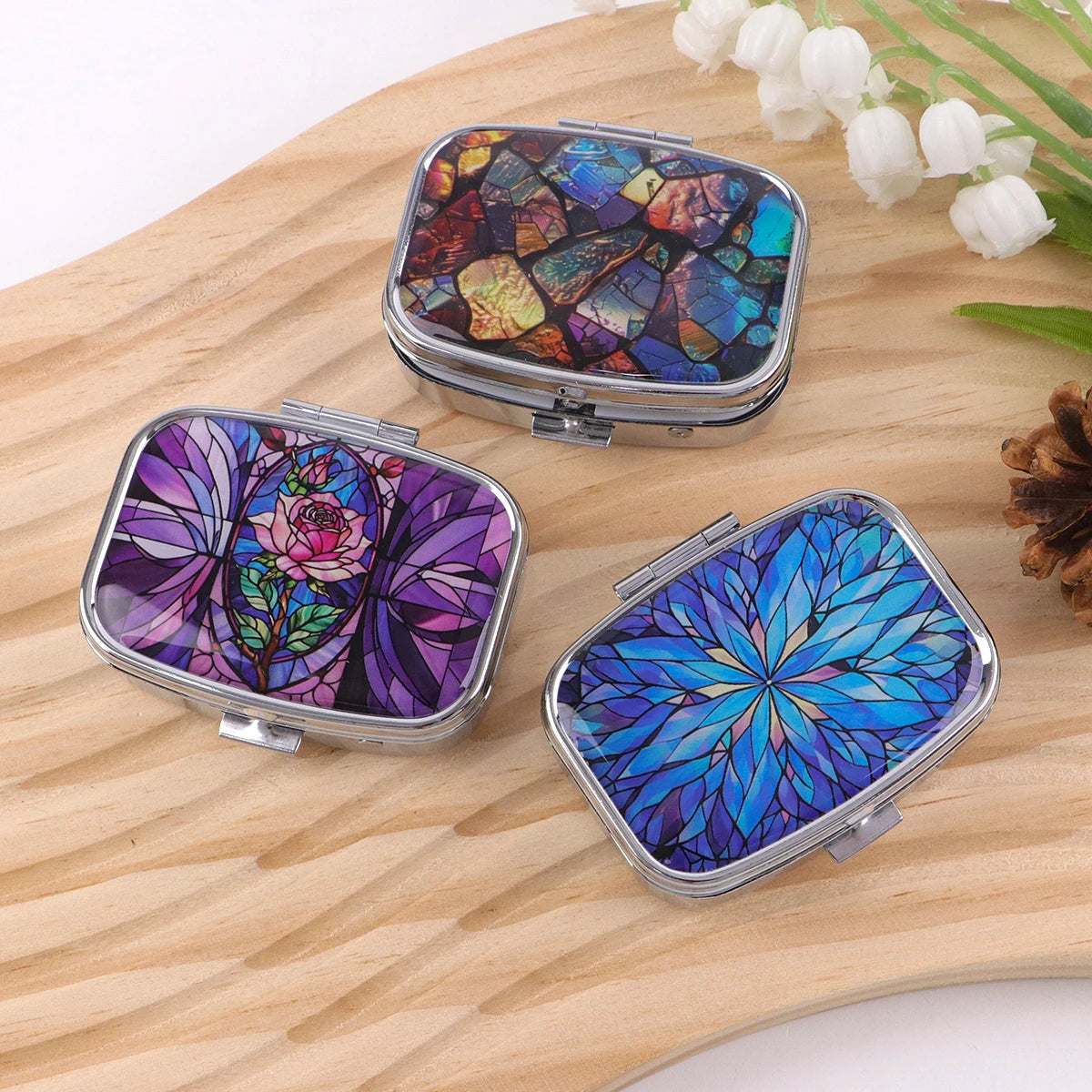 Stained Glass Metal Medicine Box Marbling Pill Packaging Health Products Moisture Resistant Storage Case Personalized Casket