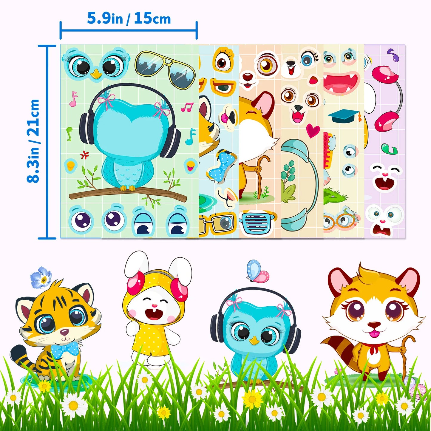 6 Sheets Cartoon Animal Face Mix and Match Stickers, Kids DIY Educational Puzzle Craft Toys