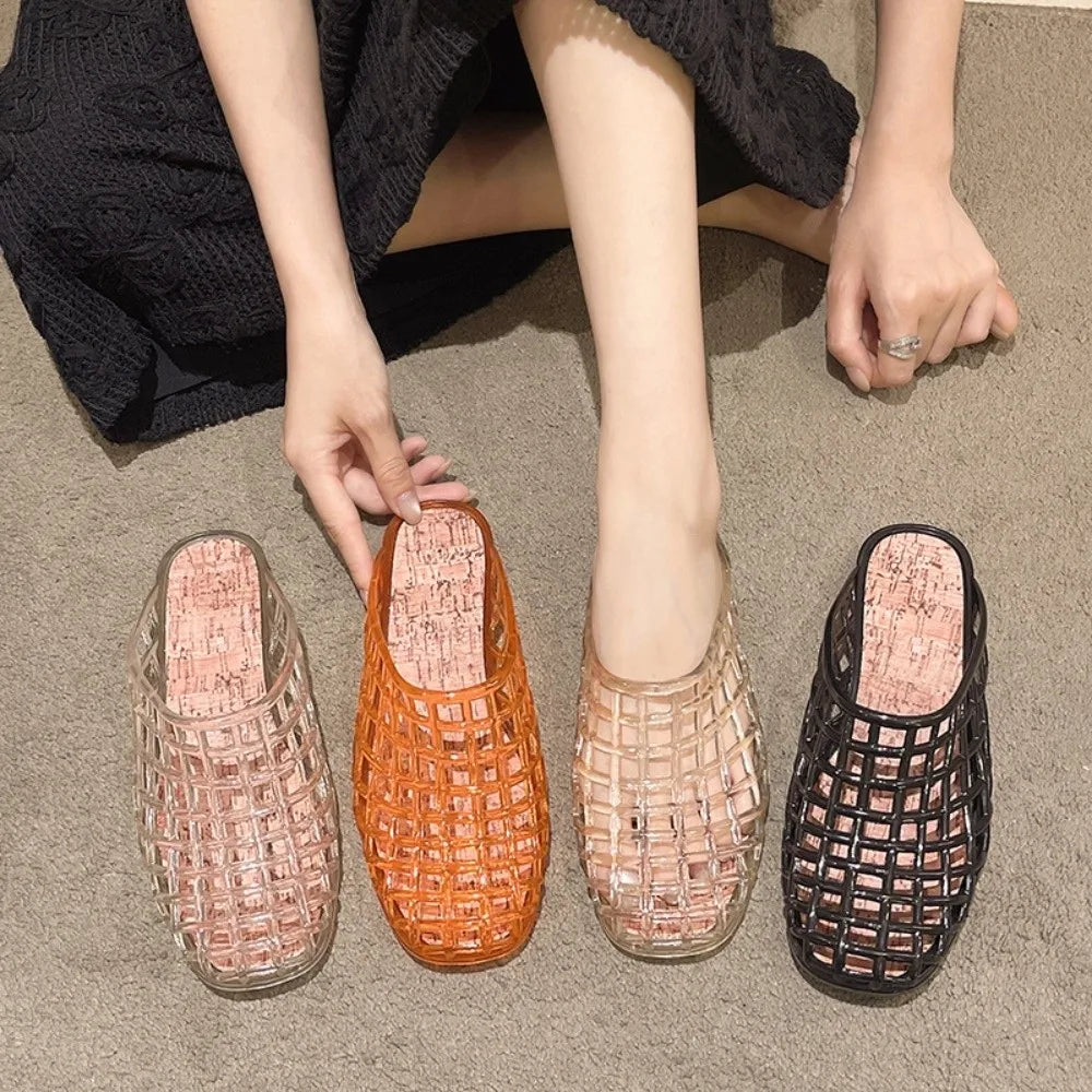 Round Toe PVC Crystal Slippers Non-Slip Transparent Fishing Net Jelly Sandals Soft Flat Low Bottom DIY Shoes Charms Shoes