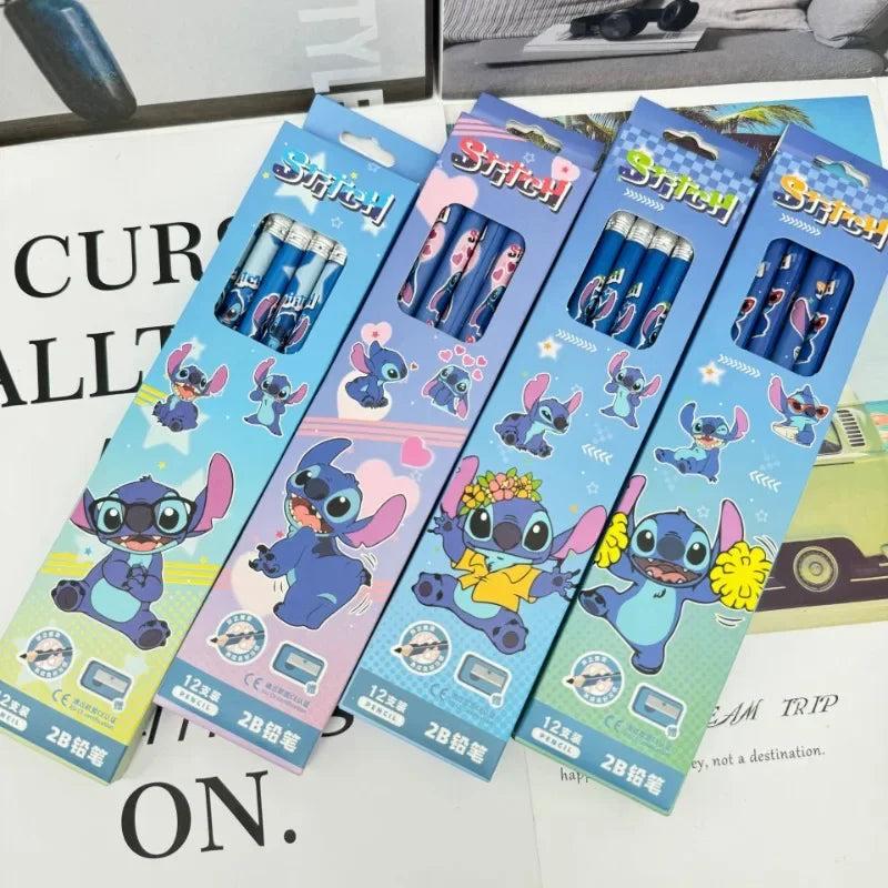12pcs Cute Stitch Anime Cartoon Kawaii Pencils with Sharpener for Students Children School Supplies Writing Tool Gifts for Kids