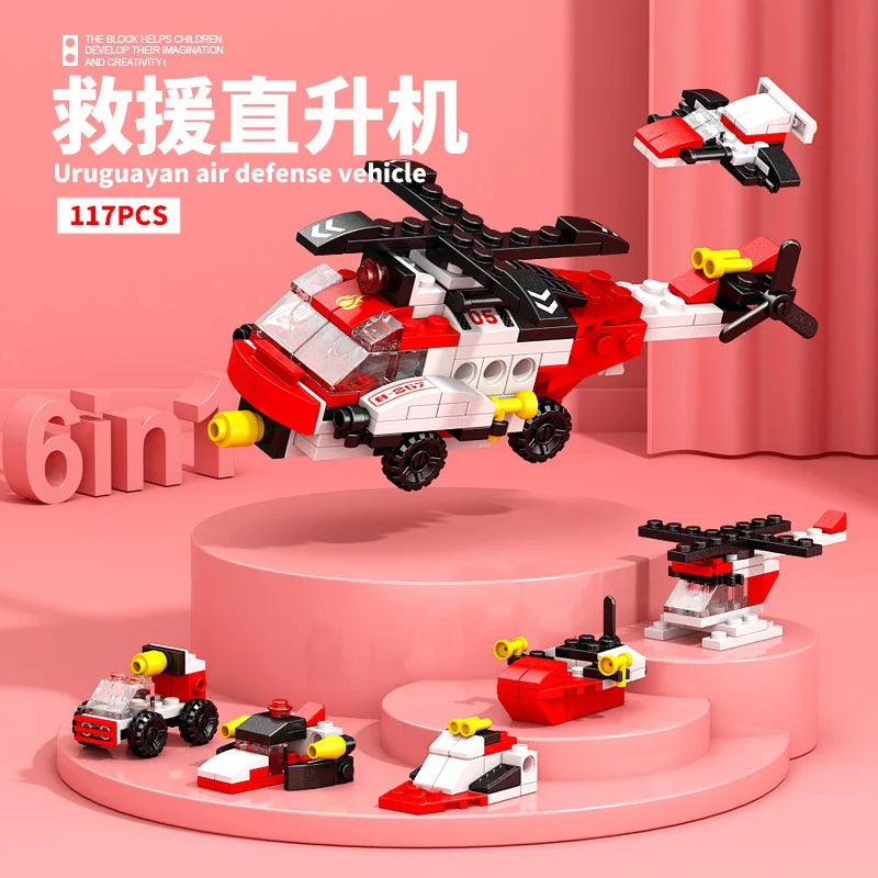 NEW DIY 6in1 Train Track Robot Helicopter Vehicle Building Blocks Kit Girls Bricks Movie Model Toy