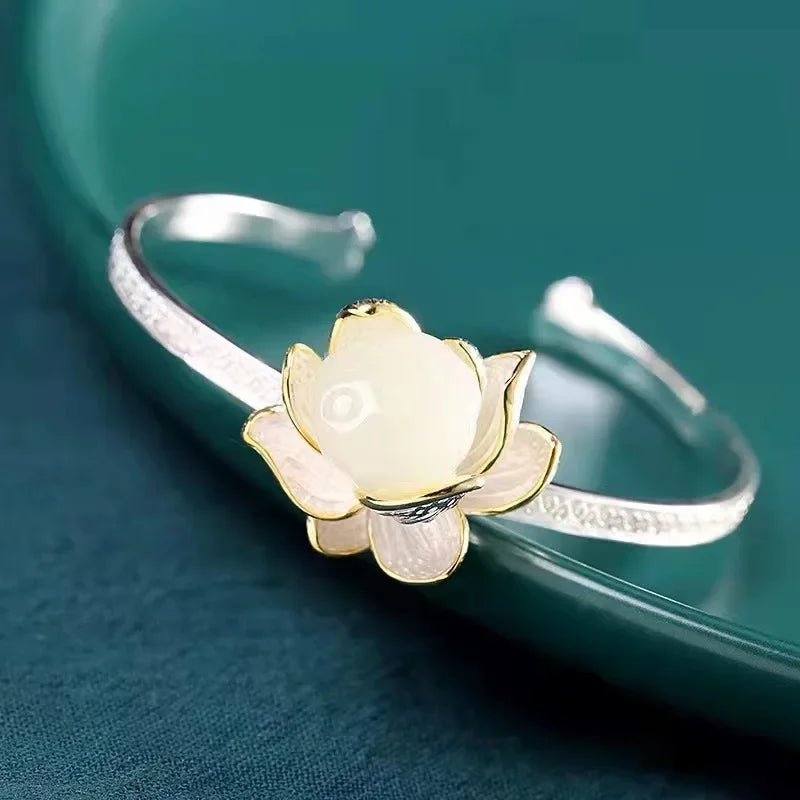 Classic Lotus Flower Jewelry Sets Natural Hotan Jade Various Exquisite Ring Earrings for Women Pendant Hairpin Brooch Bracelets
