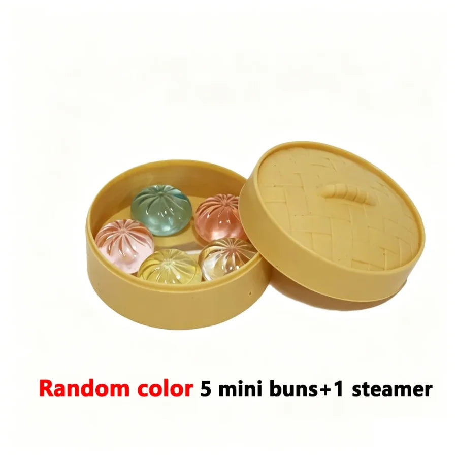 5Pcs Mini Dumplings with Steamer Bun Squeezable Toys Set Soft Stress Relief Crystal Squishy Fidget Sensory Toy Party Favors Gift