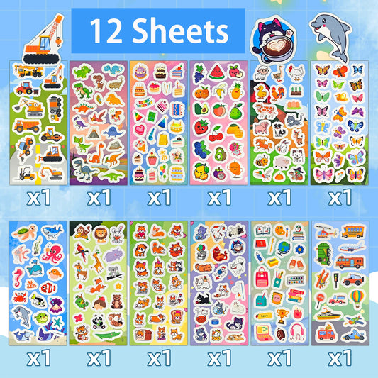 12-36 Sheets Stickers Bulk for Kids Scrapbooking Including Animals, Fruits, Dinosaurs, Cats, Fish, Cars and More, Party Favors f