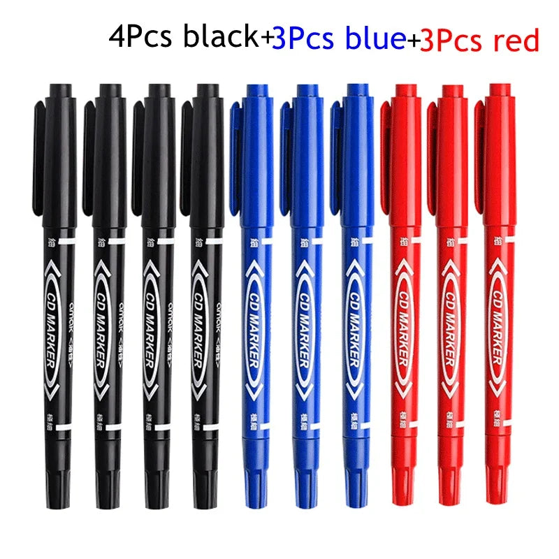 10Pcs/set Double Tip Art Black Blue Ink Permanent Paint Marker Pen for Plastic Wood Stone Metal Glass Doodling Marking Graffiti