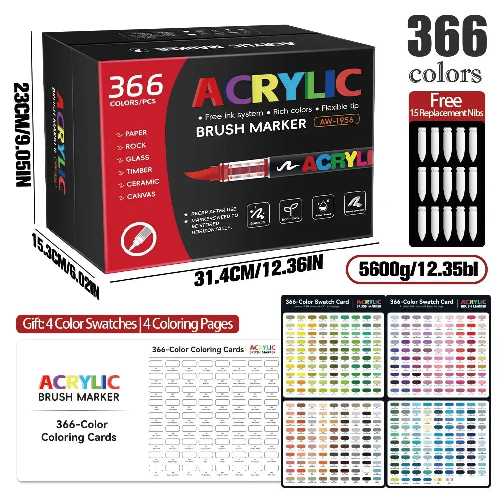 12/320/366 Colors Acrylic Markers Set Soft Brush Pen Systems for Drawing Anime Painting DIY Stone Glass Wood Gifts Art Supplies