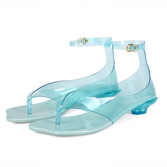 Purple Clear PVC Jelly Thong Sandals Women Ankle Buckle Strap Floral Low Kitten Heels Summer Beach Club Party Flip Flop Shoes