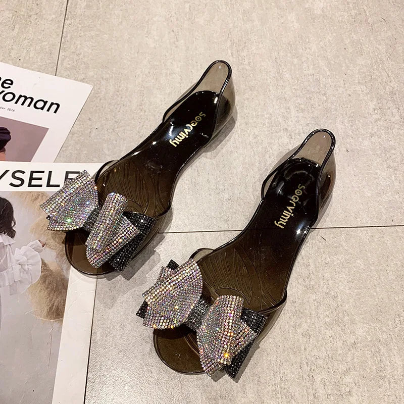 Comemore Jelly Shoes 2025 Women's Flat Fish Mouth Rhinestone Bow Beach Shoes Seaside Leisure Fashion Transparent Plastic Sandals