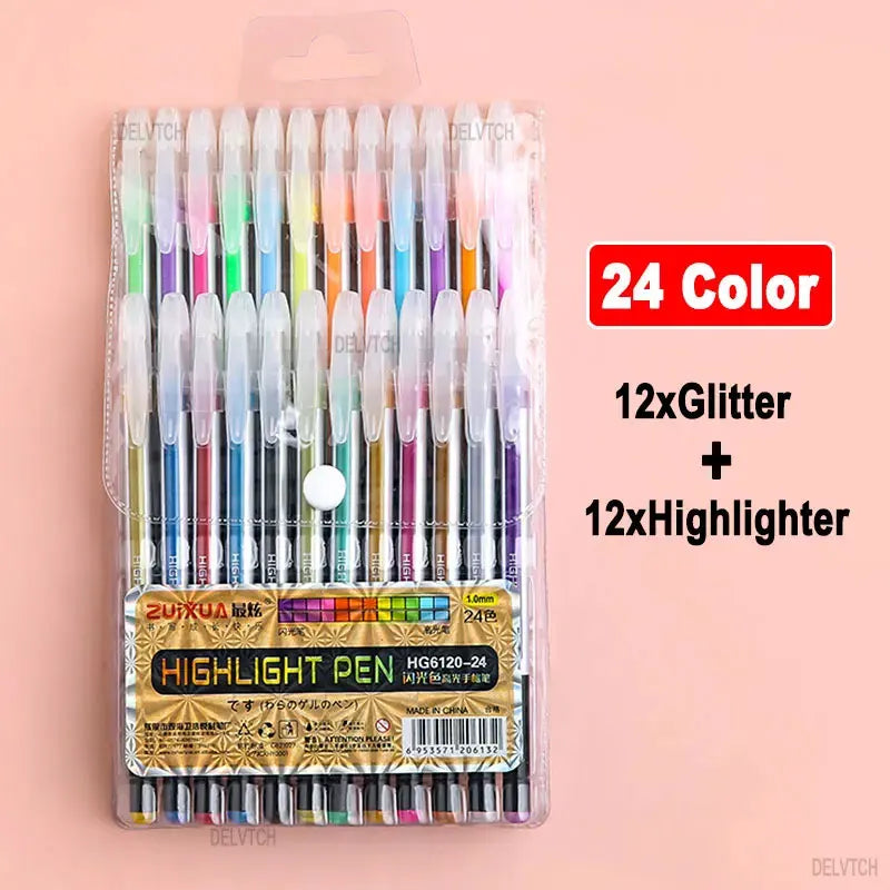 DELVTCH 12/24/36/48 Color Set Glitter Metallic Highlighter Gel Pen 1.0mm Tip For Art Marking Painting Drawing Kids Graffiti Gift