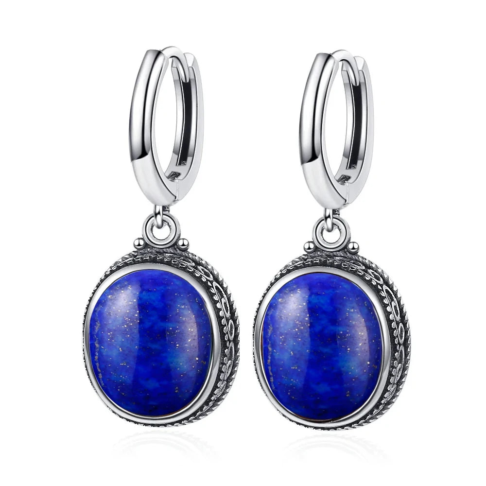 S925 Silver Earring Oval Emperor Stone Hoop Earrings for Women Retro Moonstone Party Dainty Jewelry Birthday Gift