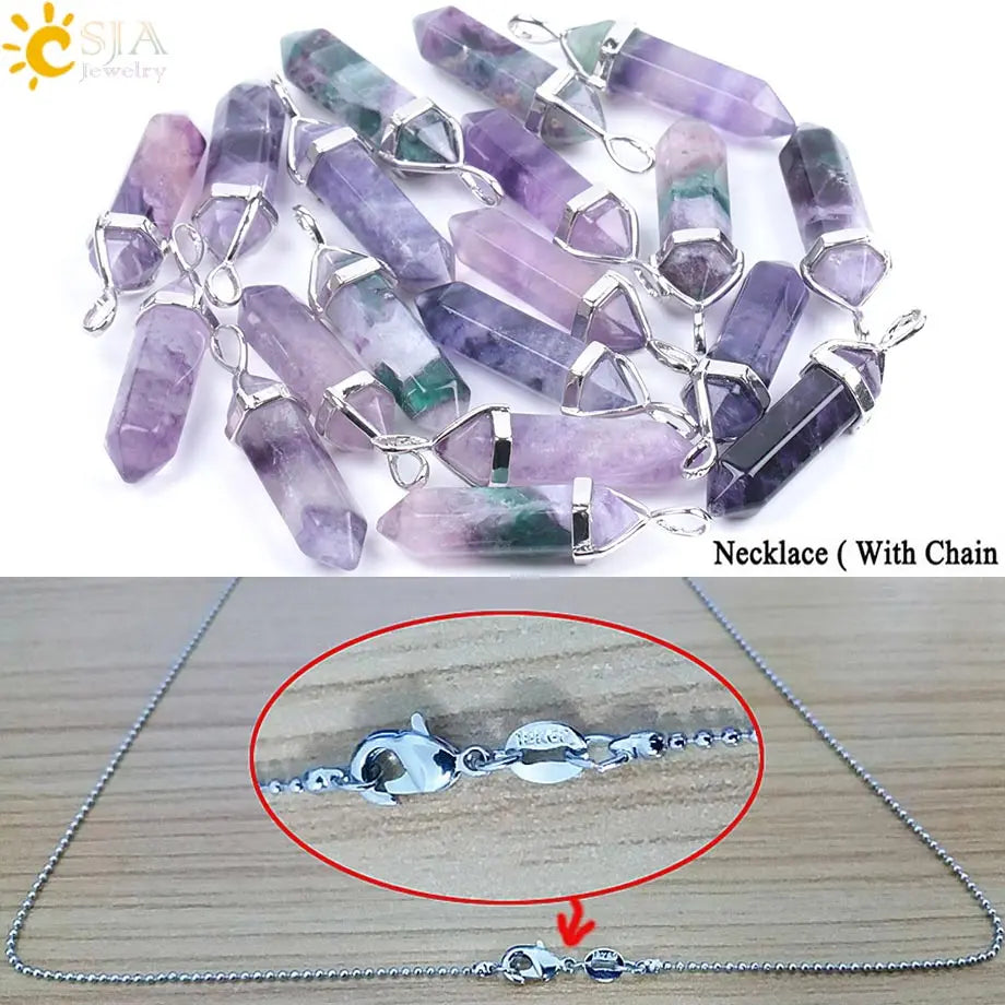 CSJA Fluorite Crystals Necklaces Pendants Suspension Quartz Natural Gem Stone Necklace for Women Hexagonal Reiki Healing G954