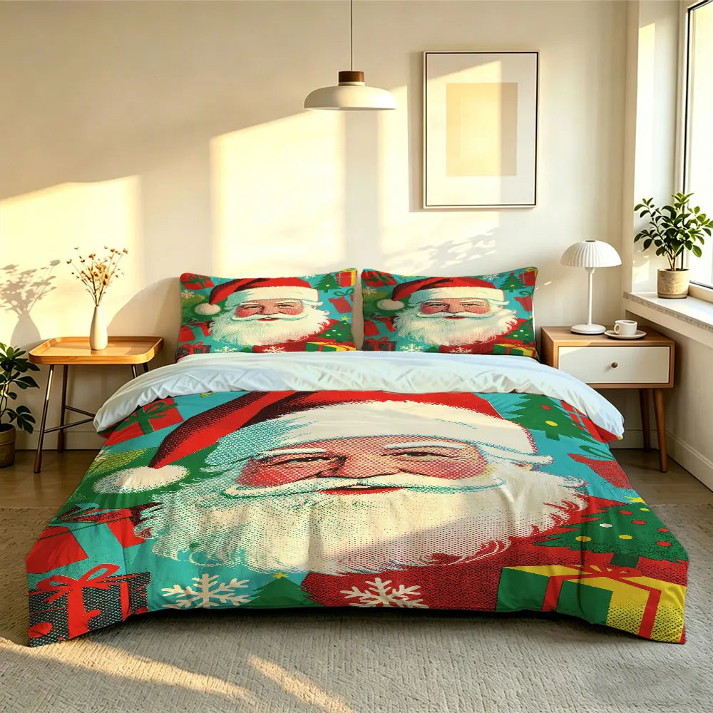 Christmas Duvet Cover Set 3Pcs Santa Claus Portrait Gift Tree Print Soft Microfiber Bedding with Pillowcases Decor