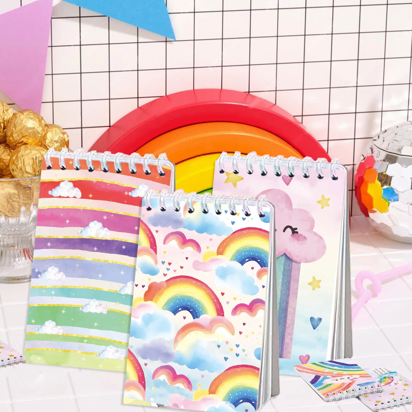 8pcs Rainbow Themed Mini Spiral Pocket Notebooks Memo Pad Coil Booklet Notepads For Gifts Office Stationery School Diaries