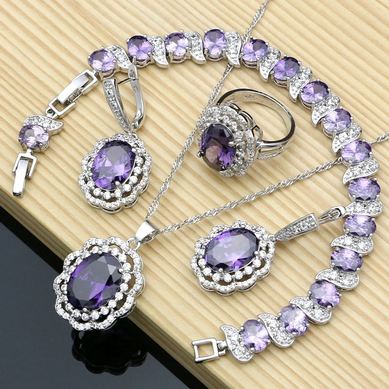 Women Silver 925 Costume Jewelry Sets Natural Black Stones Earrings Fashion Jewelry Gift for Her Party Bracelet Necklace Sets