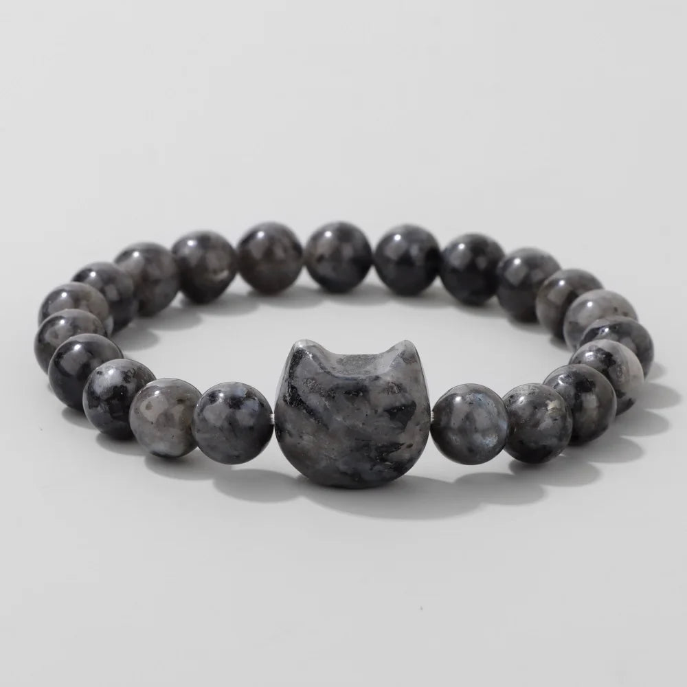 Natural Cat Head Carved Stone Bracelet Tiger Eye Amethyst Agate 8mm Round Gem Bead Elastic Bracelets For Women Men Jewelry Gift