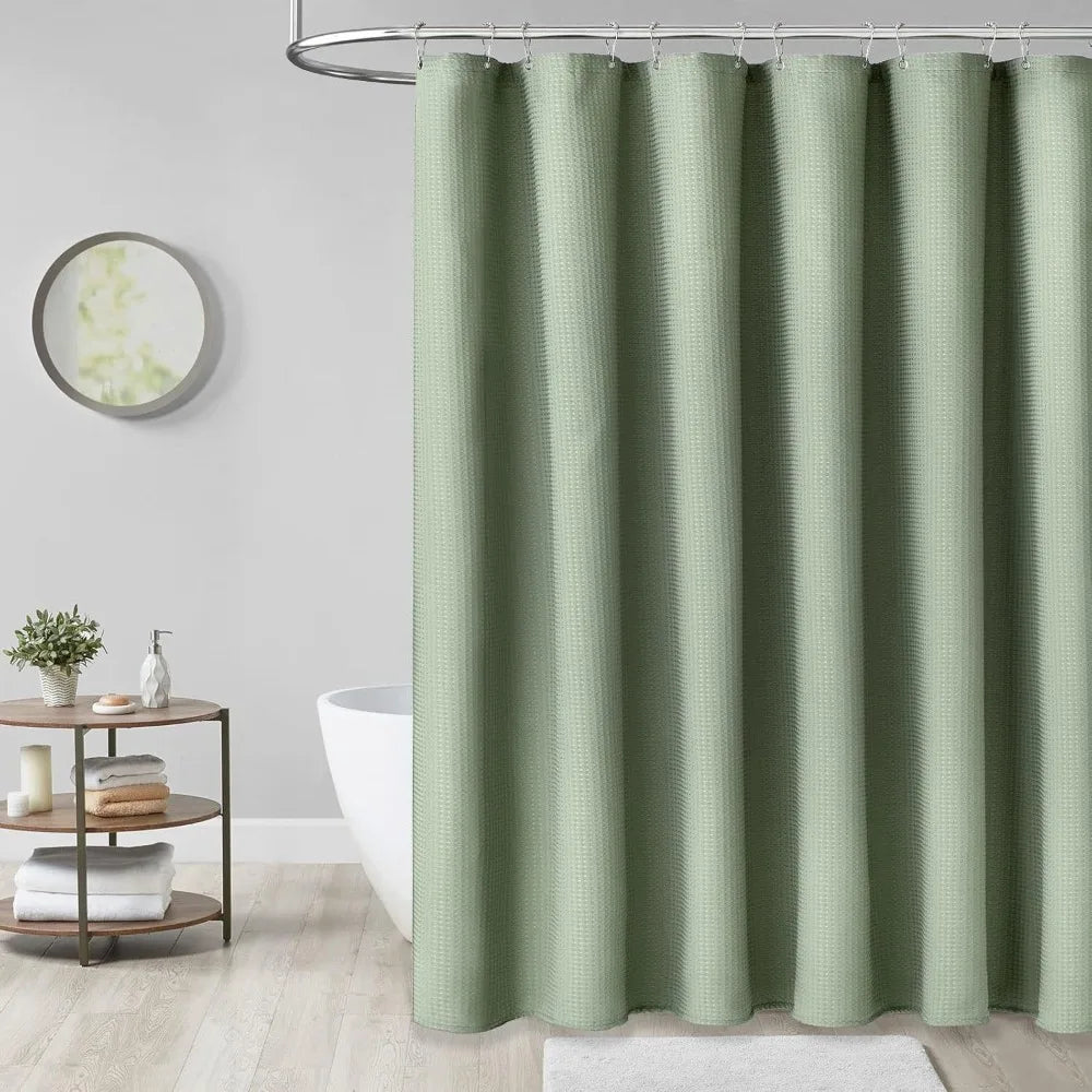 Waterproof Plain Waffle Shower Curtain Mildew-proof Solid Color Shading Curtain Polyester with Hooks Bathroom Partition Curtain