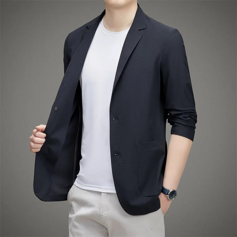 Minimalist Men Casual Blazer Ice Silk Nylon Spandex Seamless High Stretch Sun Protection Cooling Summer Breathable Tech Jacket