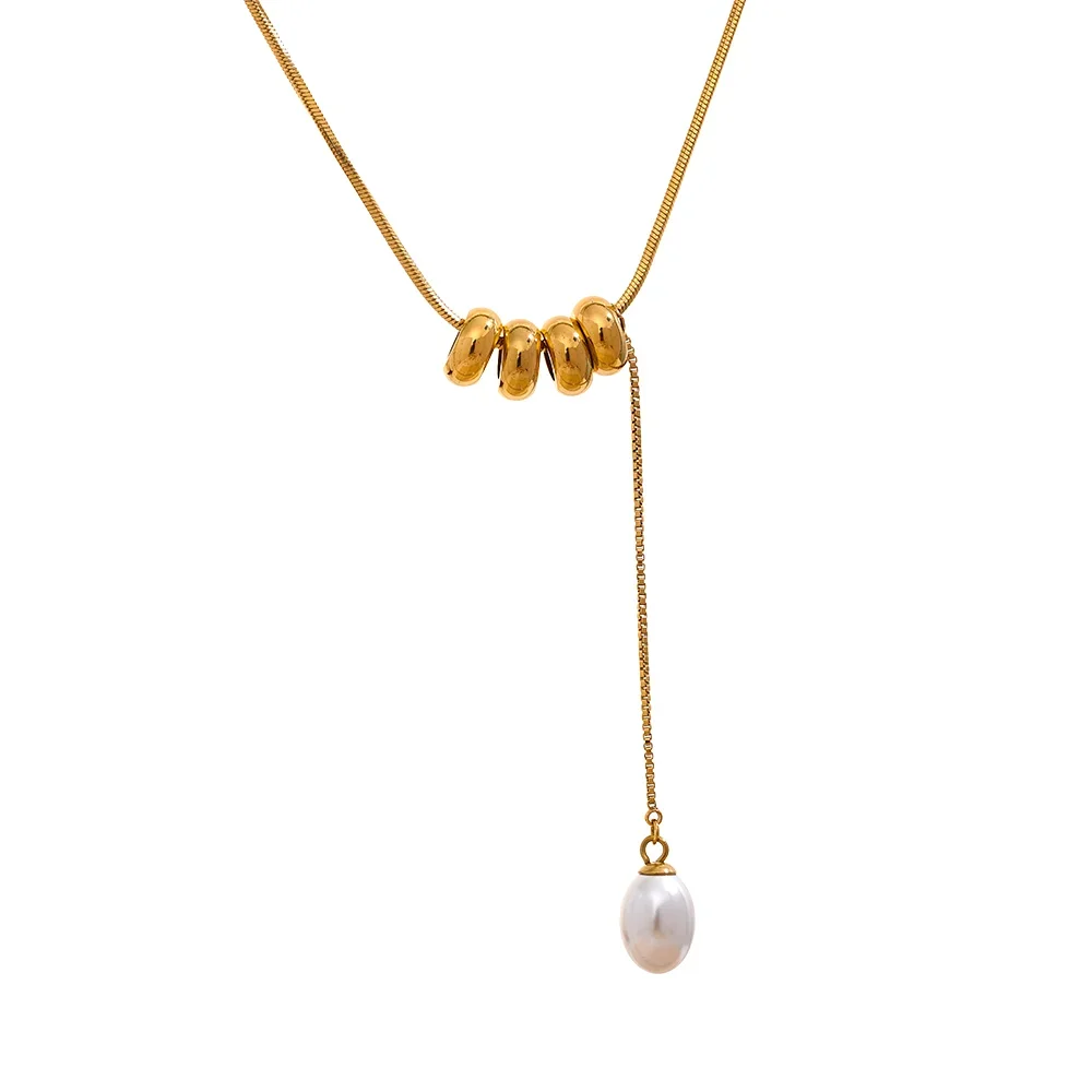 Yhpup Stainless Steel Round Beads Chain Drop Imitation Pearls Fashion Necklace Elegant Charm Jewelry бижутерия для женщин