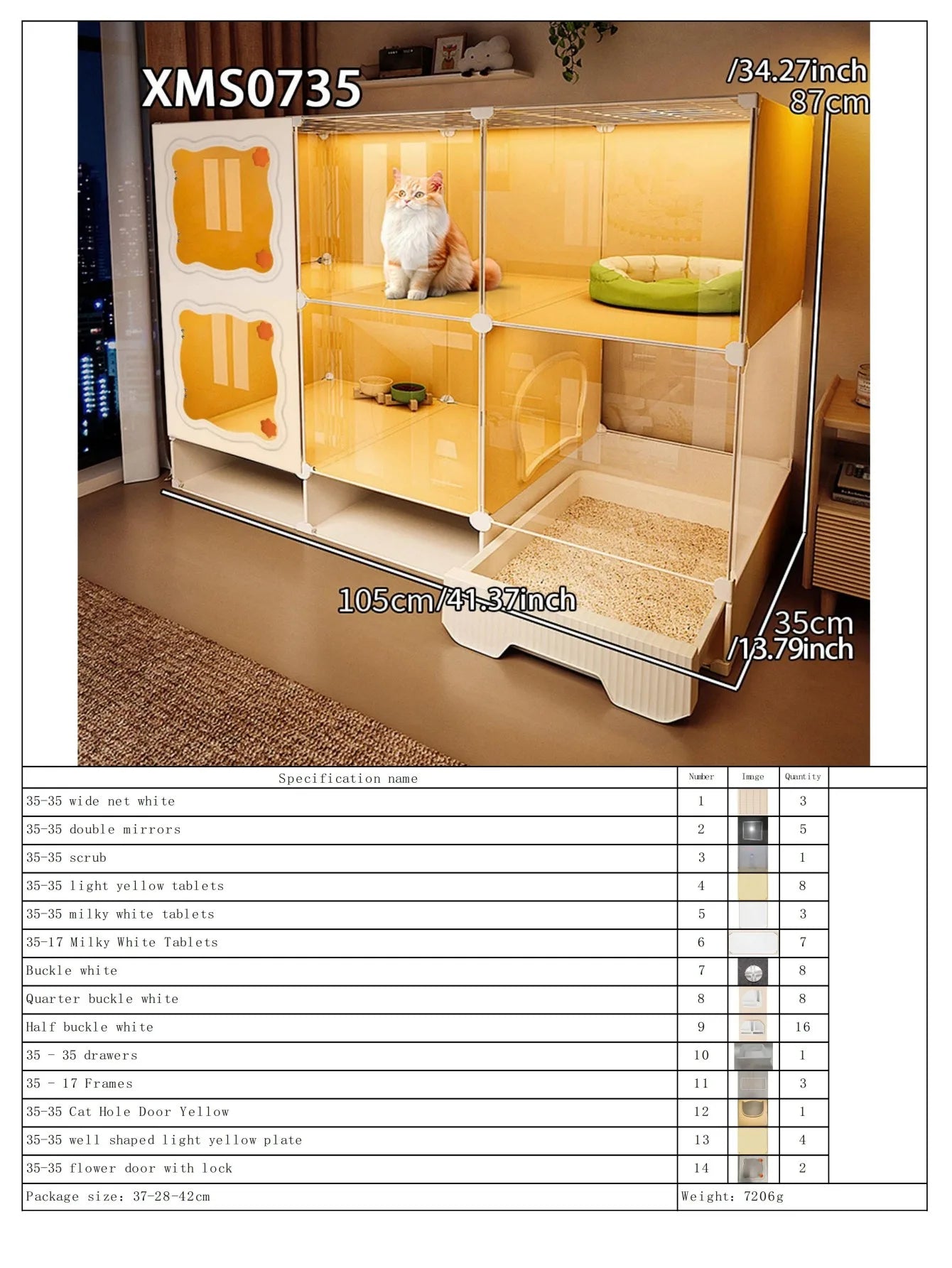 Cat Cage with Drawer-Type Litter Box, Indoor Kitten House with Toilet, Cat Cabinet with One Bedroom, One Living Room, and One Bathroom, Kitten Villa