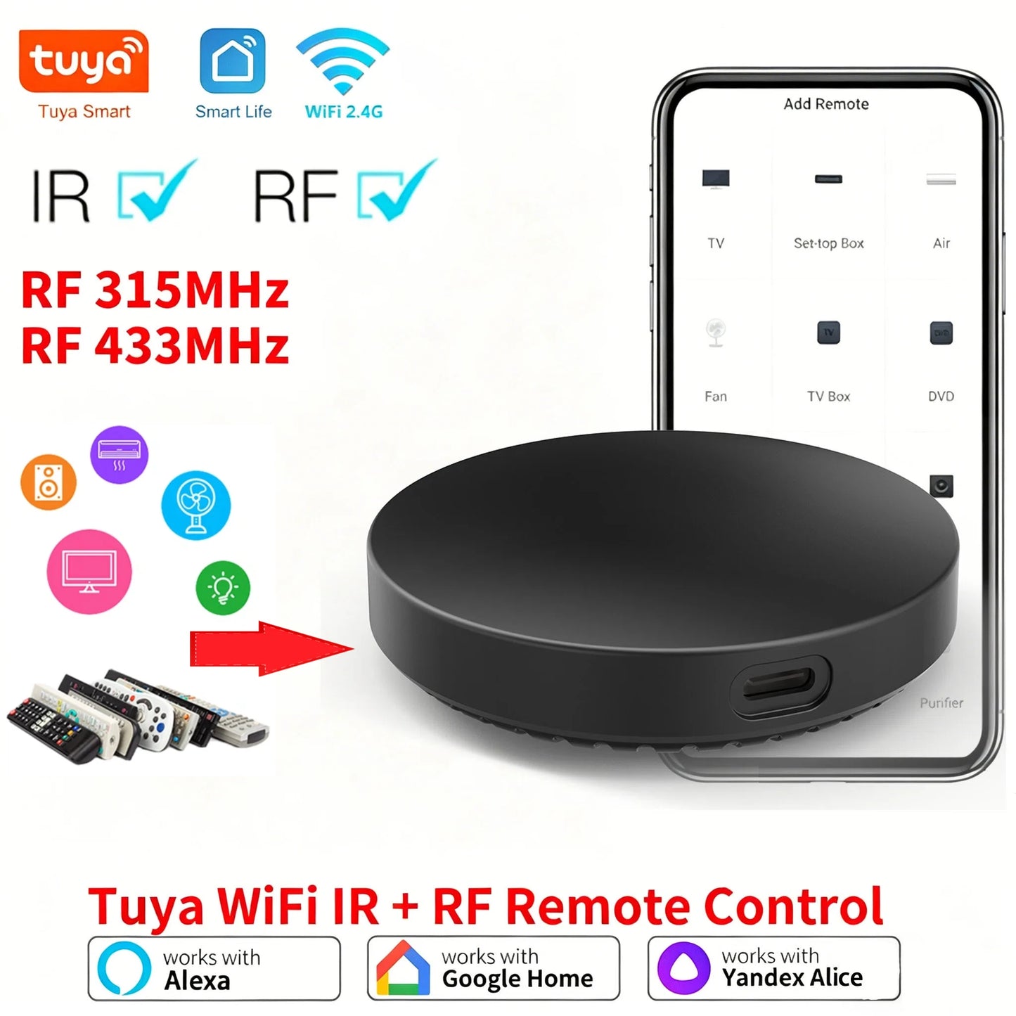 Tuya WiFi IR RF Remote Control 315MHz 433MHz APP Remote Control For All Air Conditioner TV LG SmartLife Work with Yandex Alexa