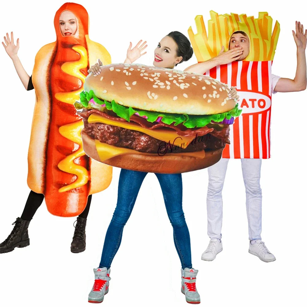 Funny Food Cosplay Halloween Costume Adult Family Fancy Dress Pizza Burger French Fries Sausage Hot Dog Carnival Party Outfit