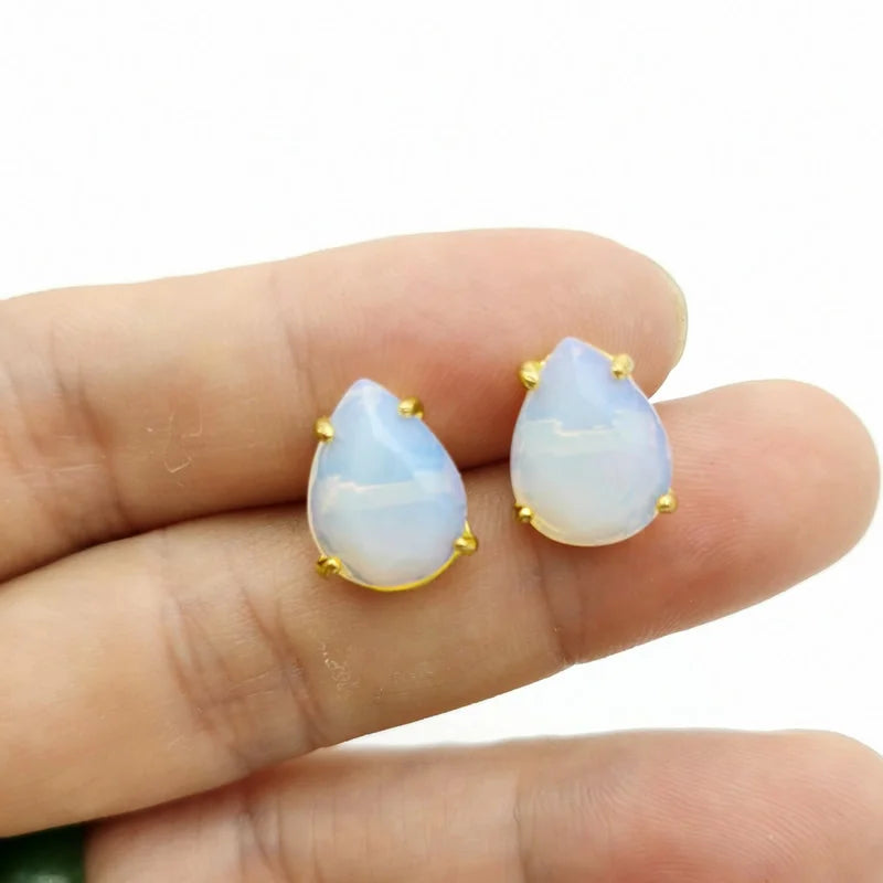 Water Drop Shape Stud Earrings Golden Color Natural Stone Faceted Pink Quartz Crystal Tiger Eye opal Healing Jewelry Female