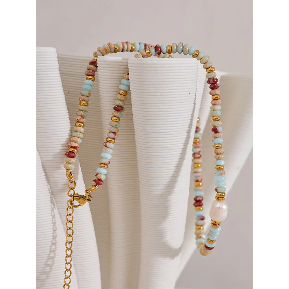 Yhpup Trendy Natural Stone Freshwater Pearl Collar Chain Necklace Stainless Steel Handmade Stylish Beads Jewelry Bijoux Gift