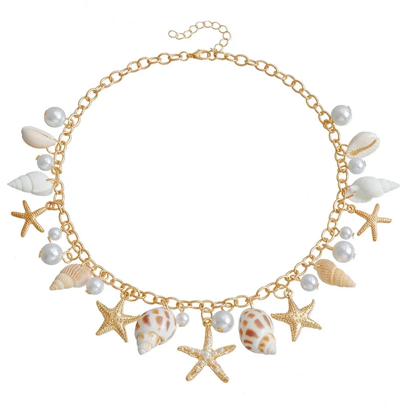 Fashion Natural Shell Conch Sea Star Imitation Pearl Tassel Pendant Waist Chain for Women Sexy Boho Summer Chain Belt Necklace