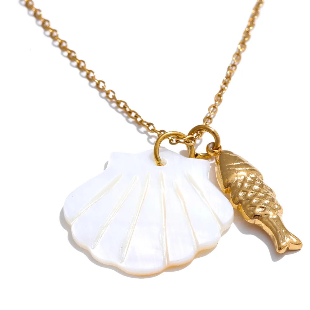 Yhpup Summer Ocean Style Shell Starfish Conch Pendant Necklace 18K Gold Color Plated Waterproof Charm Jewelry Gift