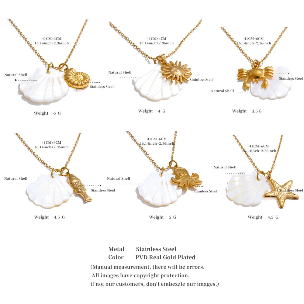 Yhpup Summer Ocean Style Shell Starfish Conch Pendant Necklace 18K Gold Color Plated Waterproof Charm Jewelry Gift