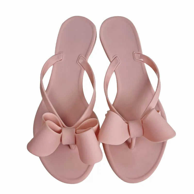 New Summer Women Bow PVC Sandals Jelly Shoes Lady Flat Casual Shoes Beach Shoes Adult Flip-Flops Soft Non-Slip Casual Sandals